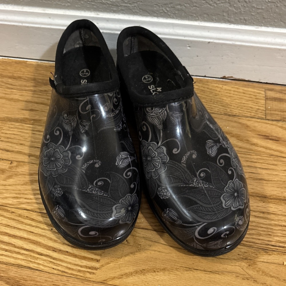 Sloggers‎ Garden Shoes Women's Size 8 Black Floral ~ Waterproof Slip On Rubber